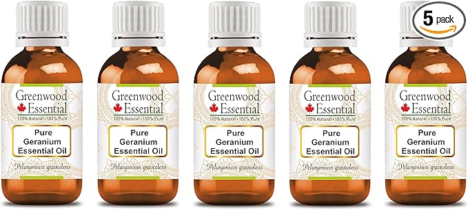 Greenwood Essential Pure Geranium Essential Oil (Pelargonium graveolens) Steam Distilled (Pack of Five) 100ml X 5(16.9 oz)