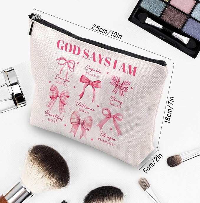 God Says I Am Makeup Bag, Pink Coquette Bow Bible Verse Cosmetic Bag, Inspirational Christian Gifts for Women, Religious Faith Based Gifts Inspirational Affirmations Gift Bag