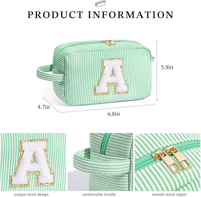 YOOLIFE Travel Makeup Cosmetic Bag - Personalized Monogram Cute Green Initial Makeup Bags Cosmetic Toiletry Bag Pouch Make Up Case for Women Her Mom Friend Sister Teacher, Birthday Gifts for Women V