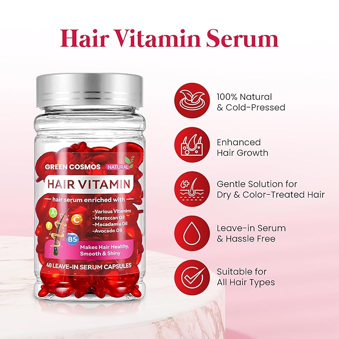Green Cosmos Hair Vitamin Treatment & Moisturizing Oil Capluse with Avocado, Macadamia & Moroccan Oil for Dry and Damaged Hair - Leave-in Anti Frizz Conditioner with Vitamins A, C, E & B5-40 Capsules