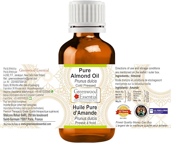 Greenwood Essential Pure Almond Oil (Prunus dulcis) 100% Natural Therapeutic Grade Cold Pressed for Personal Care 15ml (0.50 oz)