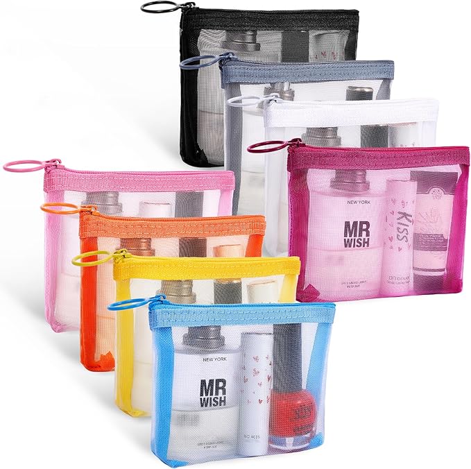 8 Pack Mini Zipper Mesh Makeup Bags, Nylon Cosmetic Bags Toiletry Purse Travel Organizer Bags Inside Bag for Office Travel Organization (Widened-Multicolor, XS)