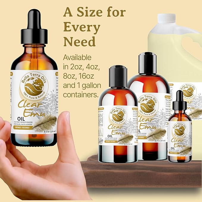 Bella Terra Oils Clear Emu Oil for Hair and Skin – 1gallon, Highly Absorbable, Moisturizing, Non-Greasy, Revitalizing