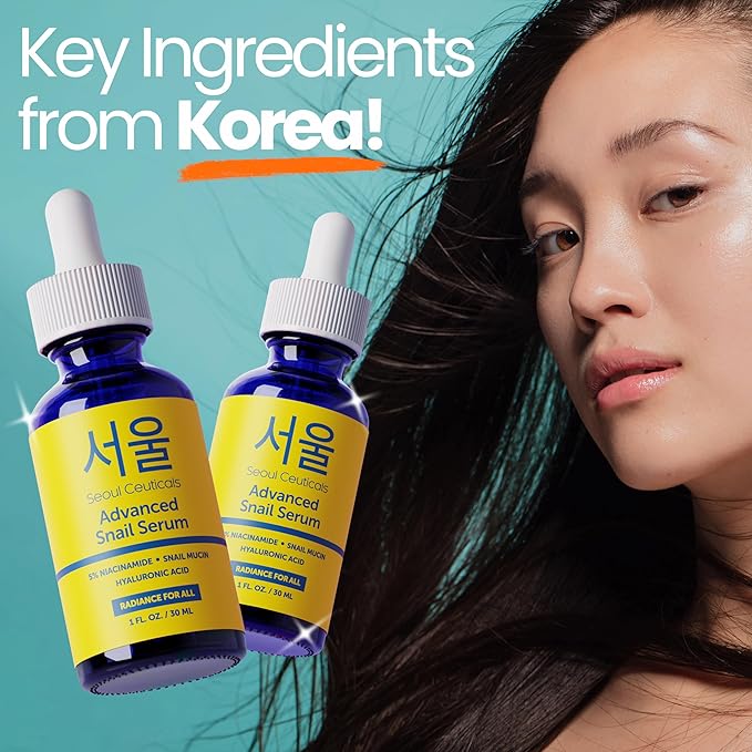 SeoulCeuticals Korean 5% Niacinamide + Snail Mucin 97.5% Essence Serum + Hyaluronic Acid, Cruelty Free Korean Skin Care, Natural & Organic Anti Aging Face Serum for Dull Skin, K Beauty 1oz