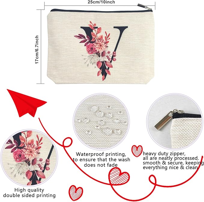Initial A-Z Personalized Floral Makeup Bag, Monogrammed Birthday Gifts for Women Mom, Mothers Day Christmas Gift Ideas for Best Friend, Bride Bridesmaid, Her, Grandma, Small Travel Cosmetic Bag (V)