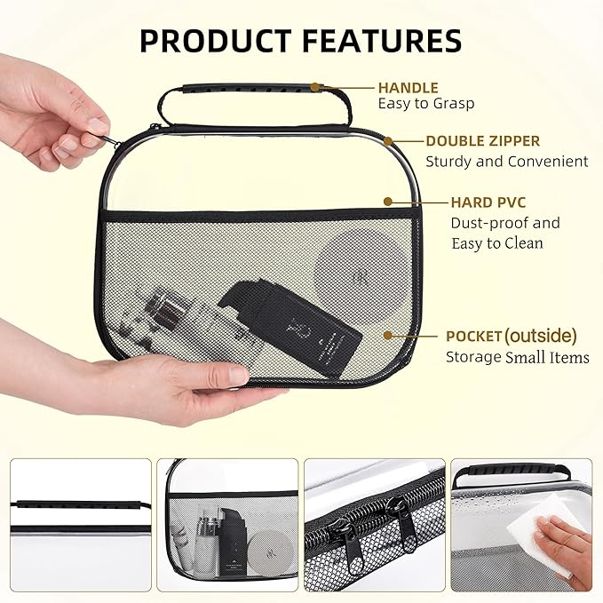 3 Pack Clear Hard Shell Zipper Case, Clear Makeup Bags with Handle, Hard Shell Travel Case, Waterproof Diaper Bag Organizing Pouches, Toiletry Bag for Travel, Hard Shell Zipper Case for Snacks