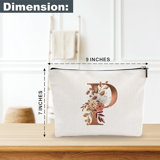 A-Z Boho Personalized Cosmetic Bag-Floral Cotton Letter Makeup Bag With Zipper-Artistic Cosmetic Bag For Travel-Bride,Birthday Gift For Women Daughter Friends-Women Makeup Organizer-A16