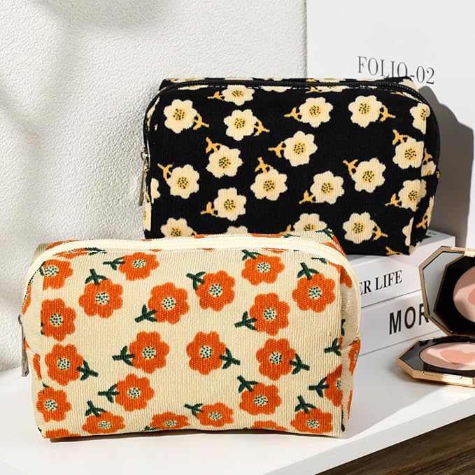 SOIDRAM 2 Pieces Makeup Bag Floral Cosmetic Bag Purple Blue Makeup Pouch Travel Toiletry Bag Organizer Cute Makeup Brushes Storage Bag for Women