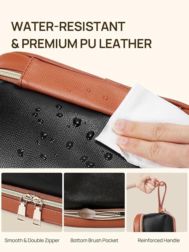 Telena Makeup Bag Large Capacity Travel Cosmetic Bag Portable PU Leather Water Resistant Makeup Organizer Bags for Women with Handle and Divider Open Flat (3-Black with Brown)