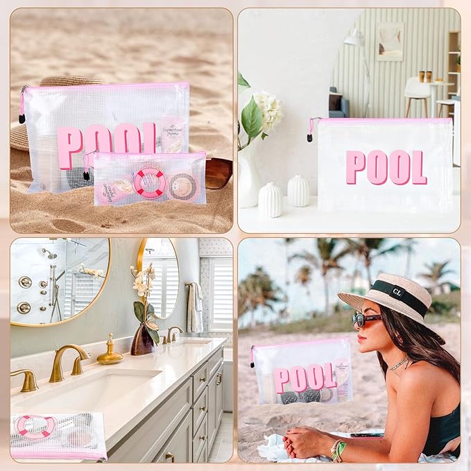 SOIDRAM 2PCS POOL Makeup Bag Clear Zippered POOL Bag Cosmetic Pouch Waterproof Travel Toiletry Organizer for Women Varsity Letter Patch Beach Pool Essentials