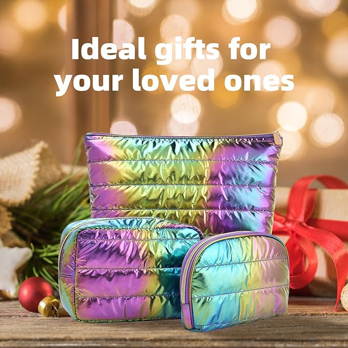 Hiroyuki Iridescent Quilted Makeup Bag, 3pcs Cute Makeup Bag Set, Large Capacity Cosmetic Organizer Travel Toiletry Pouch (plain, rainbow)