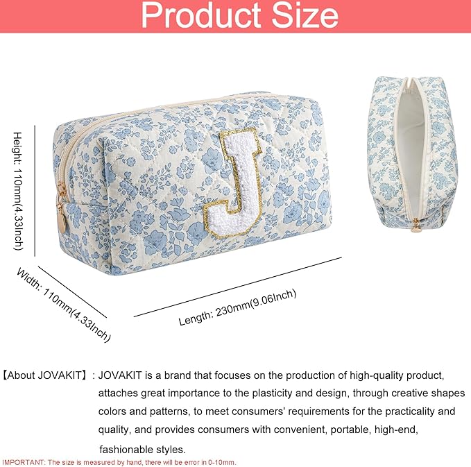 JOVAKIT Makeup Bag Cosmetic Bags for Women, Christmas Gifts for Girls Age 6-18, Alphabet Pink Floral Coquette Zipper Travel Makeup Pouch, Organizer Case Trendy Stuff (Pink+ Blue J)