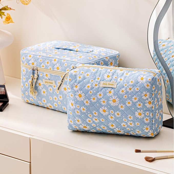 HBselect Quilted Makeup Bag, 3PCS Cotton Large Travel Makeup Bag, Cute Floral Coquette Make up Bag Cosmetic Bag Toiletry Bag for Women Girls