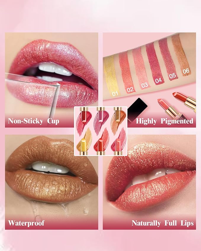 Metallic Gold Color Changing Shimmer Lipstick for Women,3D Shine High Impact Long Lasting Hydrating Transfer Proof Lipstick,Creamy Matte Non Sticky Plumping Lip Gloss,Full Coverage Lip Color Makeup 01