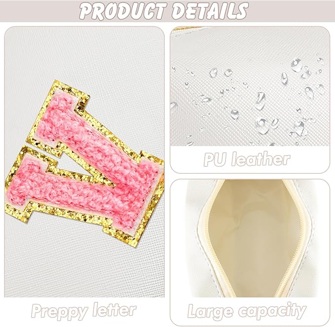 Initial Makeup Bag Personalized Preppy Travel Small Cosmetic Bag Cute PU White Chenille Letter Makeup Pouch for Purse Waterproof Zippered Toiletry Organizer for Women Girls Kids Friends (V)