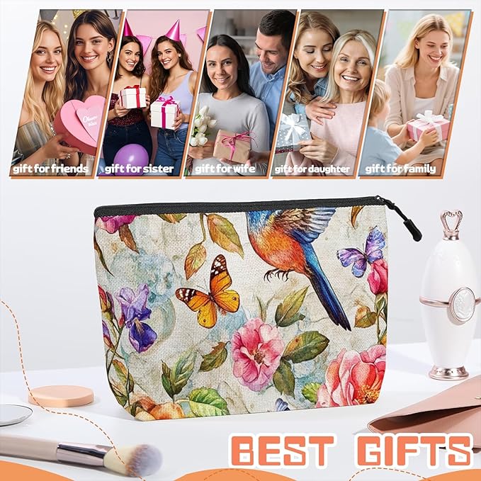 Cosmetic Bags Travel Makeup Toilet Case Waterproof Pouch for Women Girls 6.7X9.45inches - Whimsical Flower - Bird - Butterfly World