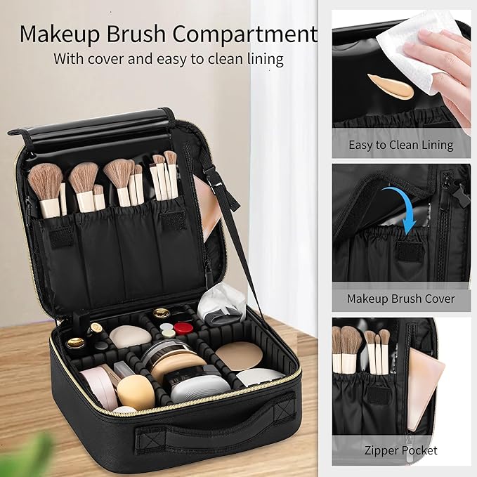 Travel Makeup Bag, Makeup Train Case, Portable Makeup Artist Organizer with Adjustable Dividers, Cosmetic Brush Holder Storeage