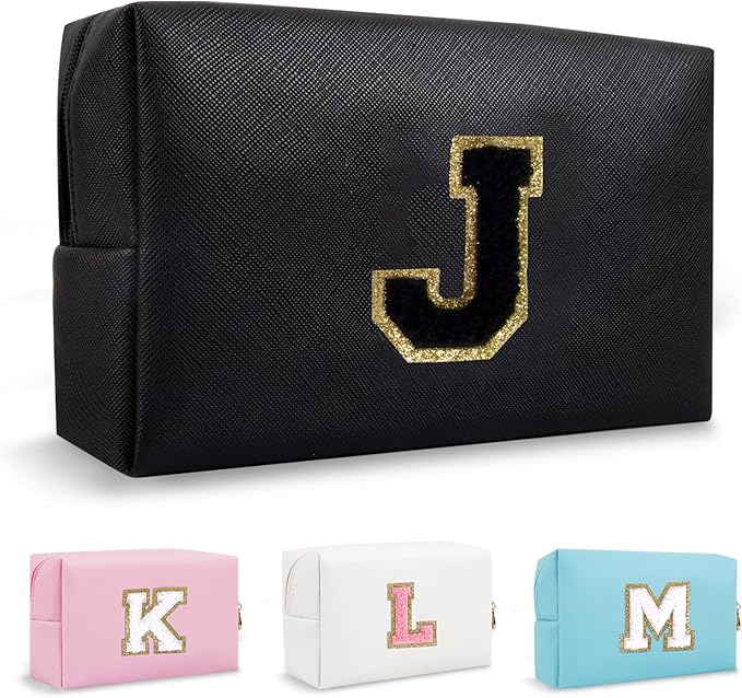 Personalized Preppy Small Travel Makeup Bag, Initial Cute Chenille Letter Black Makeup Case Cosmetic Pouch Toiletry Organizer, PU Leather Waterproof Make Up Storage Preppy Stuff for Women(Letter J)