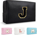 Personalized Preppy Small Travel Makeup Bag, Initial Cute Chenille Letter Black Makeup Case Cosmetic Pouch Toiletry Organizer, PU Leather Waterproof Make Up Storage Preppy Stuff for Women(Letter J)