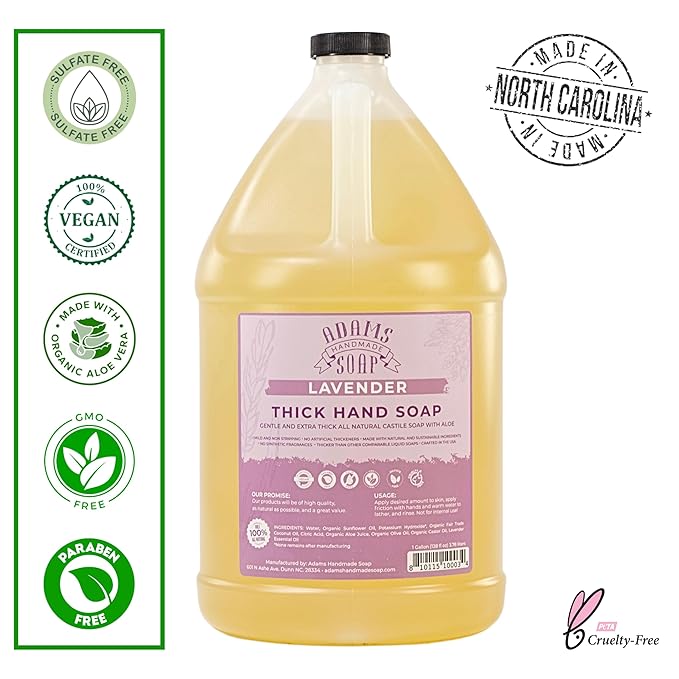 Adams Handmade Soap Thick Organic Castile Liquid Hand Soap 1 Gallon Refill - Lavender (Pack of 4)