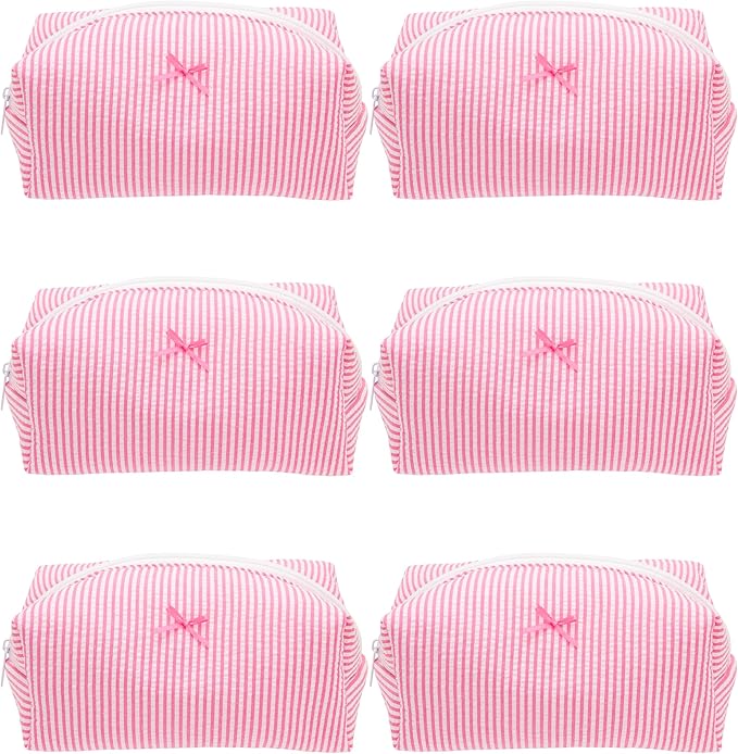 PAZIMIIK 6PCS Cozy Makeup Bag Small Aesthetic Travel Zipper Cosmetic Pouch for Women Make Up Beauty Accessories Brushes, Stripe Hotpink