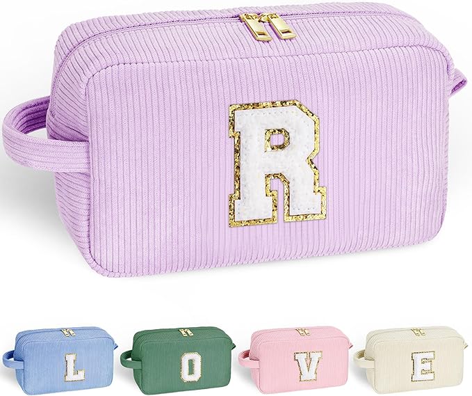 YOOLIFE Purple Makeup Bag Makeup Pouch - Travel Makeup Bag Makeup Bags for Women Travel Essentials Corduroy Makeup Bag Cute Makeup Bag Large Makeup Bag Personalized Friend Gifts Mom Gifts Letter R