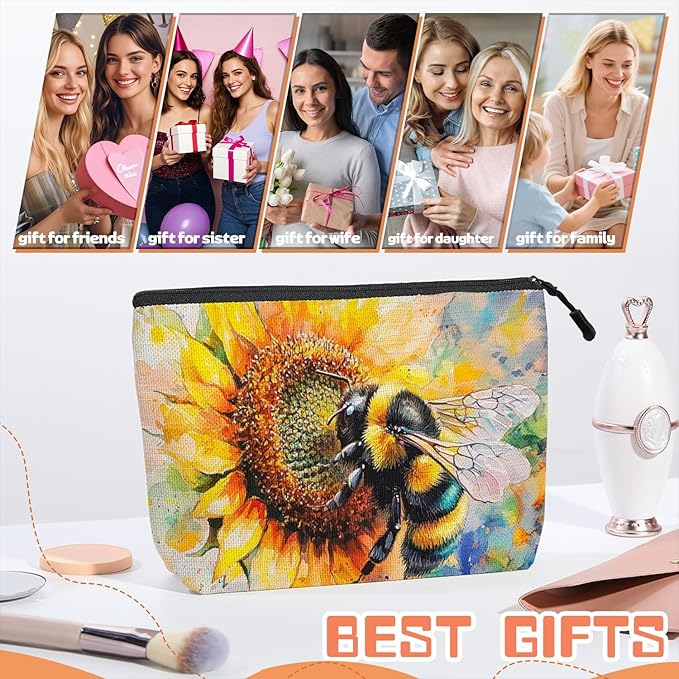 Cosmetic Bags Travel Makeup Toilet Case Waterproof Pouch for Women Girls 6.7X9.45inches - Bee on A Sunflower in Watercolor Painting