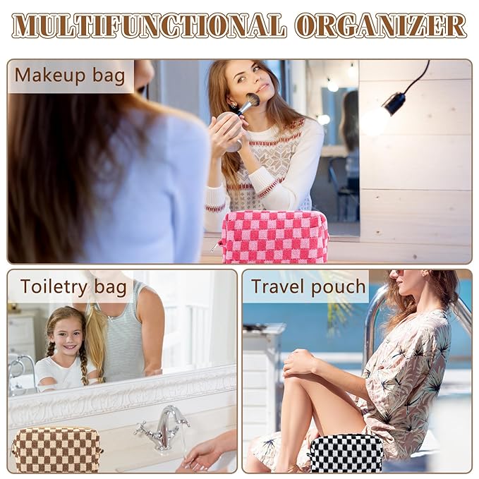 ZLFSRQ 4Pcs Checkered Pencil Case Cute Pencil Pouch for Teens Checkered Makeup Bag Medium Travel Cosmetic Bag Makeup Pouch for Purse Aesthetic Trendy Zipper Toiletry Bags(Green/Black/Pink/Brown)