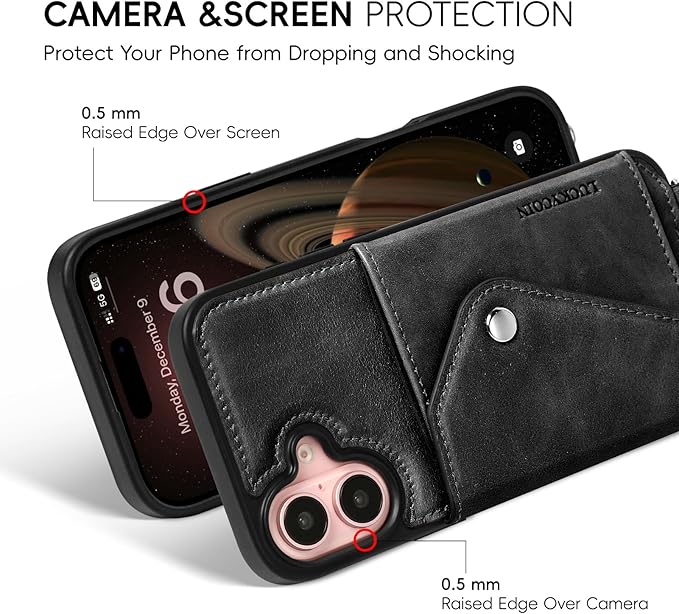 LUCKYCOIN Crossbody Wallet Phone Case for iPhone 16 Plus,100% Genuine Leather Wallet Phone Case with Expandable Flip Card Holder,Phone Purse for Women with Adjustable Removable Strap - Black