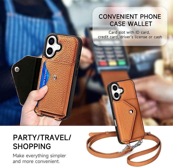 LUCKYCOIN Crossbody Wallet Phone Case for iPhone 17,100% Genuine Leather Wallet Phone Case with Expandable Flip Card Holder,Phone Purse for Women with Adjustable Removable Strap - Pebble Brown