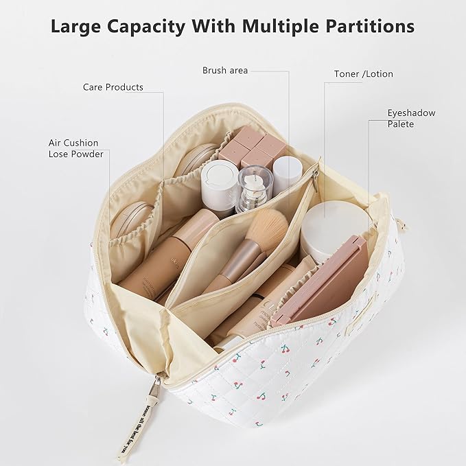 HBselect Quilted Makeup Bag, 3PCS Cotton Large Travel Makeup Bag, Cute Floral Coquette Make up Bag Cosmetic Bag Toiletry Bag for Women Girls