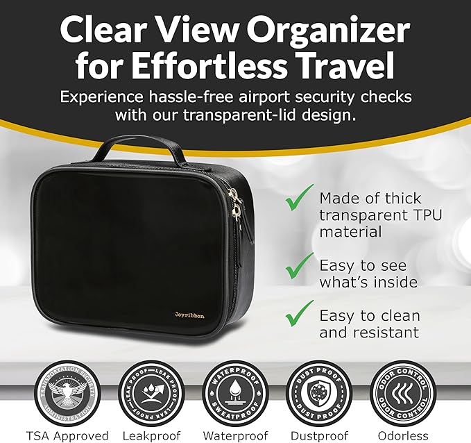 Clear Makeup Bag Set - Premium Quality Travel Cosmetic Bag w/Clear Transparent Front - 3pcs Gift for Travelers - Large & Small Makeup Bags & Portable Mirror in a Beautiful Gift Box, Black