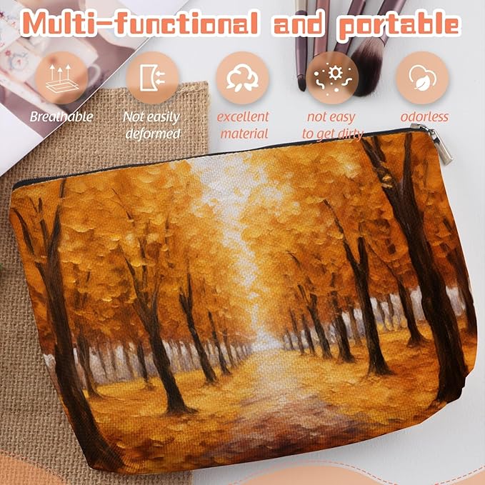 Makeup Bag Travel Cosmetic Bags Small Makeup Case Waterproof Zipper Pouch for Women Girls 7X9inches - Autumn Forest Path in Oil Painting