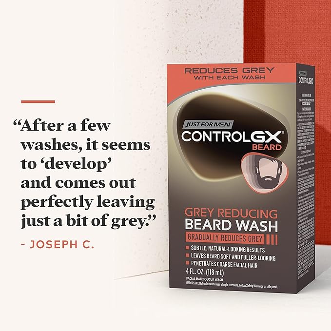 Just for Men Control GX Multipack, 2 in 1 Grey Reducing Shampoo and Conditioner and Mustache and Beard Wash, Gradually Colors Grey Hair, 4 oz. Bottles