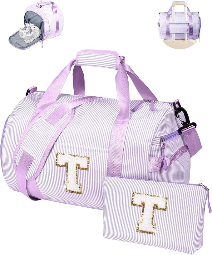 Trendy Stuff for Tweens, Girls Travel Duffle Bag, Kids Initial Overnight Duffel Bags with Shoe Compartment, Personalized Dance Bag with Cosmetic Pouch, Gift for Teenager (Letter T)