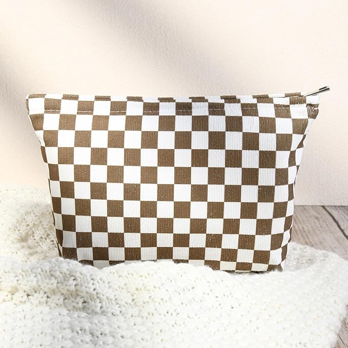 SOIDRAM 2 Pcs Checkered Makeup Bag Large Cosmetic Bag Toiletry Bag Makeup Pouch Travel Bag Organizer Cute Makeup Brushes Aesthetic Accessories Storage Bag for Women Coffee Brown