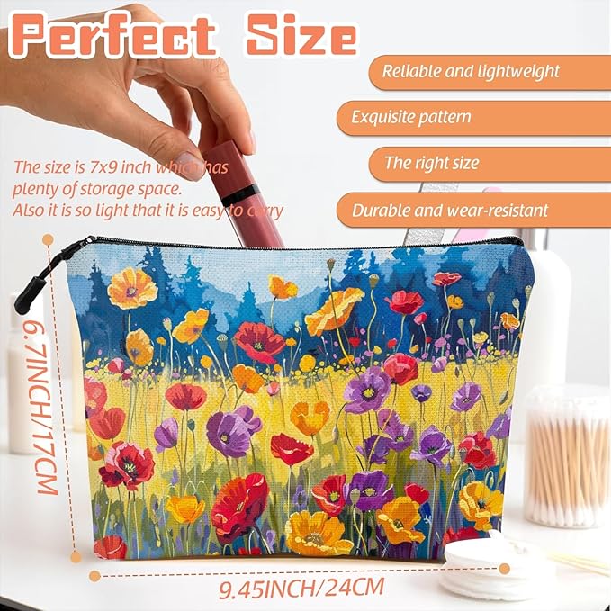 Cosmetic Bags Travel Makeup Toilet Case Waterproof Pouch for Women Girls 6.7X9.45inches - Oil Painting of A Colorful Poppy Field