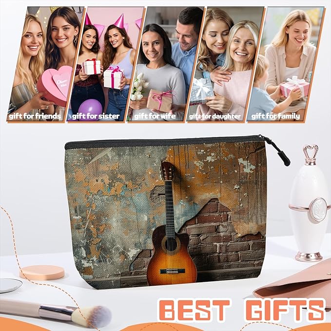 Cosmetic Bags Travel Makeup Toilet Case Waterproof Pouch for Women Girls 6.7X9.45inches - Guitar'S Solitary Pose Against A Rustic Wall