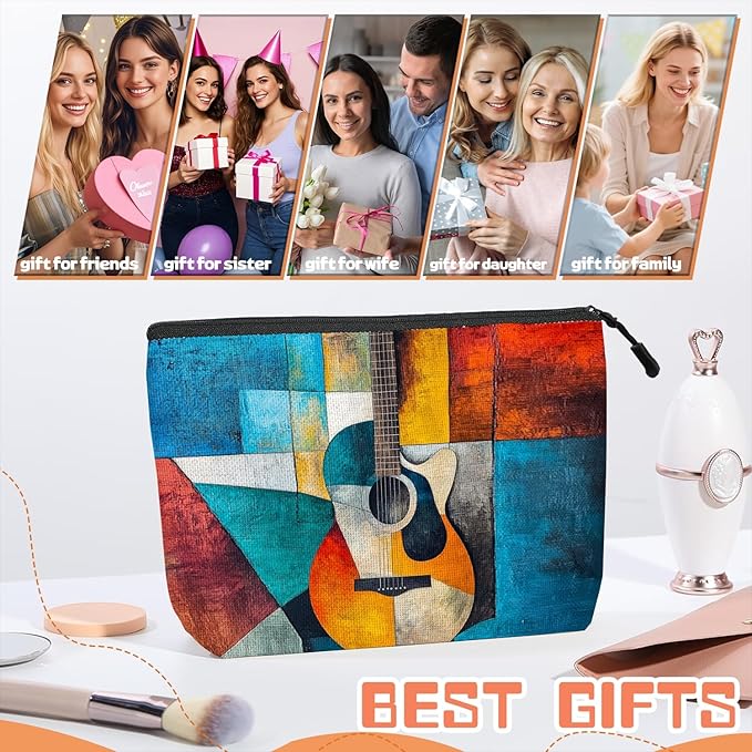 Cosmetic Bags Travel Makeup Toilet Case Waterproof Pouch for Women Girls 6.7X9.45inches - Abstract Guitar in A Multicolored Geometric Composition