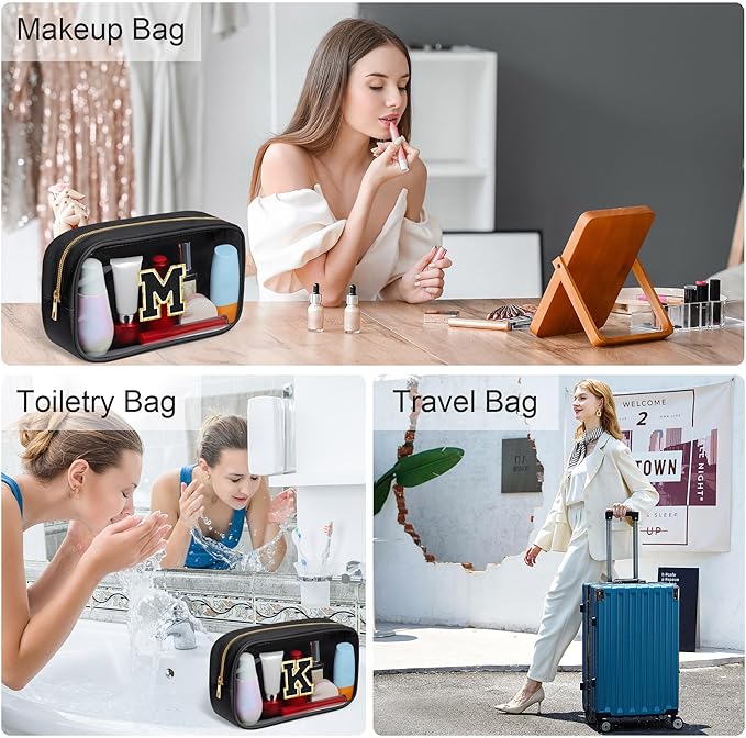 YOOLIFE Travel Toiletry Bag for Women, Black Clear Makeup Organizer, Cute Cosmetic Bags for Skincare, Birthday Gifts for Teacher Mother Girlfriend Initial H