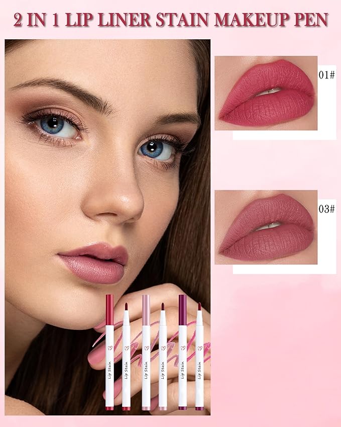 Lip Stain Liner Pen-Hydrating Lip Tint Stain Lip Makeup Tattoo Pencil,Matte Color Look,Longlasting Waterproof Lipstain Lipgloss,Precise Chisel Tip Smooth,Christmas Makeup Gift for Women-01+03+06