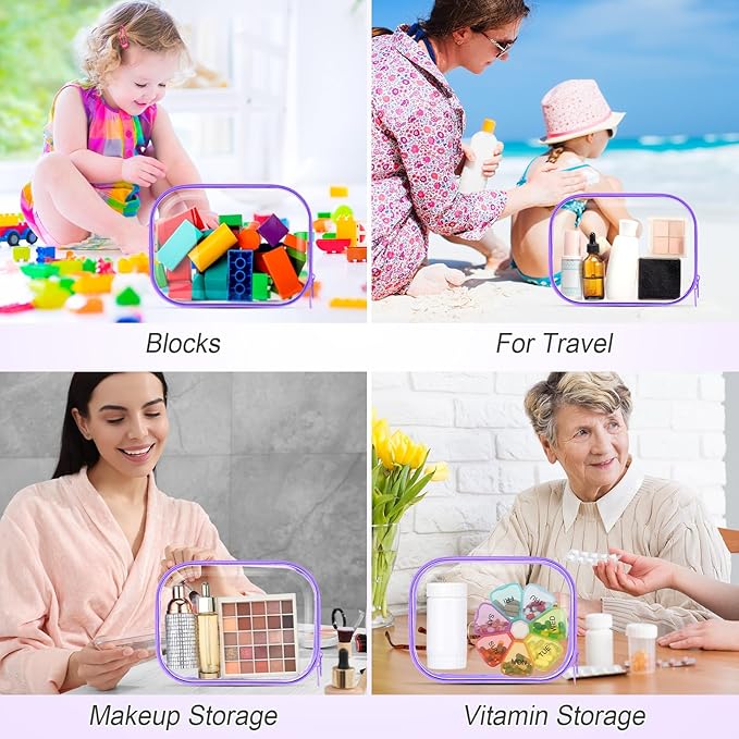 Sanwuta 6 Pcs Clear Hard Zipper Case Hard Plastic Zipper Pouches Makeup Bag Pencil Pouches Transparent Cases for Snacks Plastic Storage Organizer Box for Travel(Purple,7.87 x 5.9 x 2 Inch)