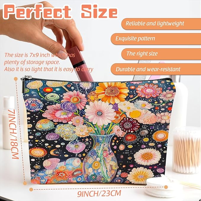 Makeup Bag Travel Cosmetic Bags Small Makeup Case Waterproof Zipper Pouch for Women Girls 7X9inches - Colorful Flowers in A Blue Vase with Dots