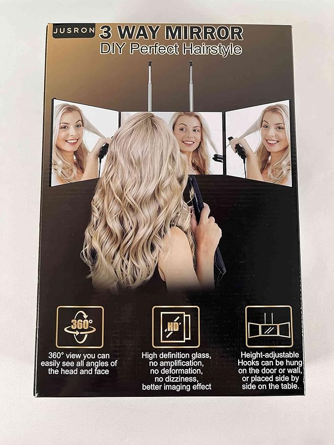 JUSRON 360 Viewing Angle Self Hair Cutting Mirror, Clear Anti-Fog HD Glass, USB Rechargeable, Easy to Use, Height Adjustable, Portable, Good Choice for Gifts