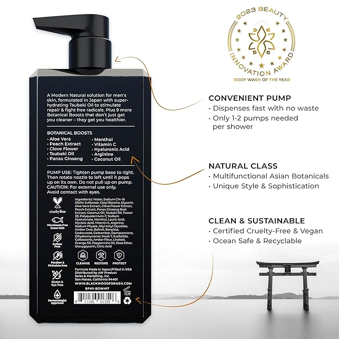Blackwood For Men Pure Moisture Body Wash - Natural Mens Body Wash with Ginseng & Cooling Menthol - Sulfate Free Moisturizing Cleanser & Bodywash for Dry Skin or Sensitive Skin - Dye Free, Vegan, 17oz
