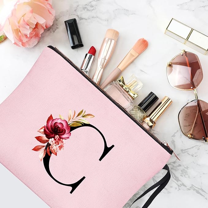 Vavabox A-Z Personalized Makeup Bag, Birthday Gifts for Women Mom, Gifts for Best Friend, Bride Bridesmaid Cosmetic bag (C, Pink)