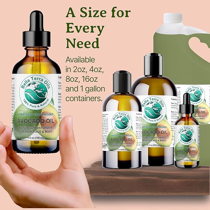 Bella Terra Oils - Avocado Oil 8 oz - Cold-Pressed Excellence, Brimming with Oleic Acid & B-Vitamins, Ideal Complement for Skin Care Regimens