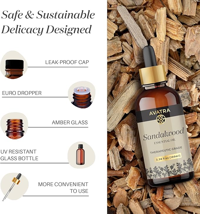 Avatra Sandalwood Essential Oil 100ML (3.38 OZ) with Glass Dropper and Travel Bottle, Pure and Natural Therapeutic Grade Sandalwood Oil for Diffuser, Aromatherapy, Massage, and DIY Candle Products