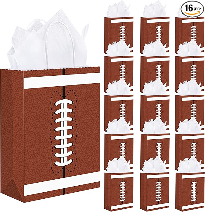 durony 16 Pieces Football Gift Bags with Handles Football Party Favor Bags Paper Treat Bags Football Goodie Bags Candy Snack Bags Football Theme Party Decorations for Birthday Party Supplies