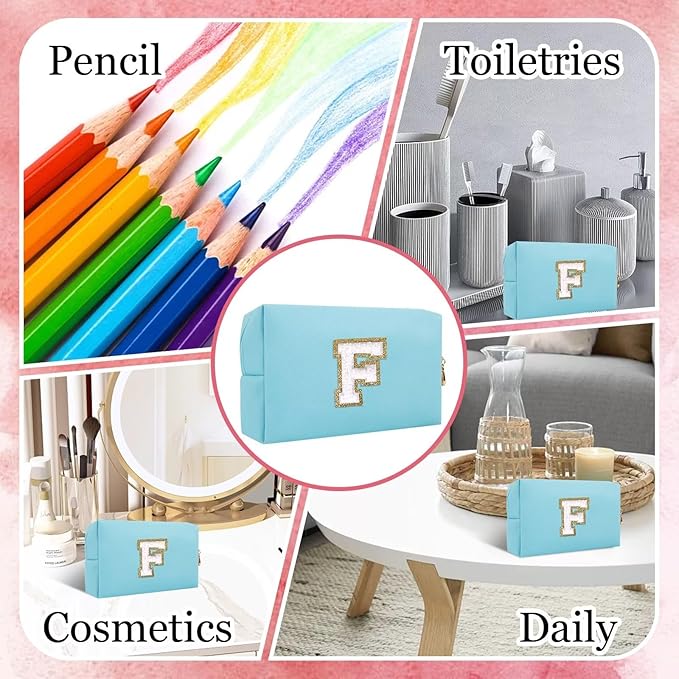 Small Personalized Letter Makeup Bag, Cute PU Leather Chenille Letters Cosmetic Bag Travel Makeup Pouch, Preppy Travel Organizer Zipper Pouch for Women&Girls（Blue-F）